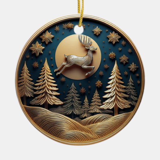 Goudvliegende rendieren, bomen, maan, sneeuw, hert keramisch ornament (Voorkant)