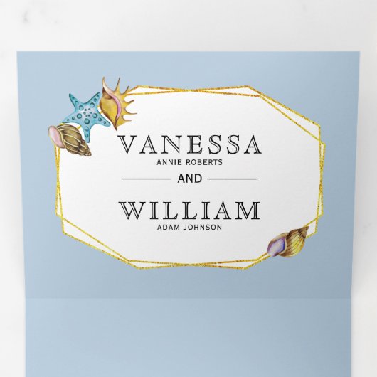 Goudvloerbedekking en strandbruiloft drieluik uitnodiging (Binnenzijde eerst)