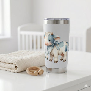 Gourde Isotherme Bébé Vache Gingham Bleu Pastel Esthétique Ferme