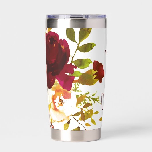 Gourde Isotherme Bourgogne et rouge aquarelle roses personnalisés (Extérieur)