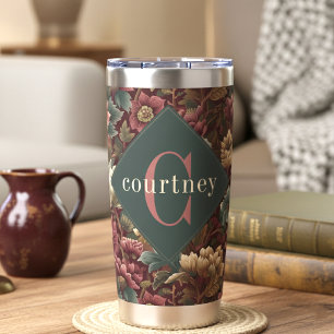 Gourde Isotherme Burgundy William Morris Floral Élégant Monogramme 