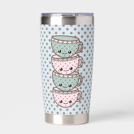 Gourde Isotherme Chibi Dotty Teacup Stack Rose et Bleu (Extérieur)
