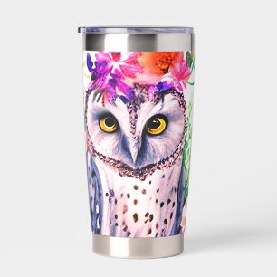 Gourde Isotherme Chouette florale aquarelle personnalisée