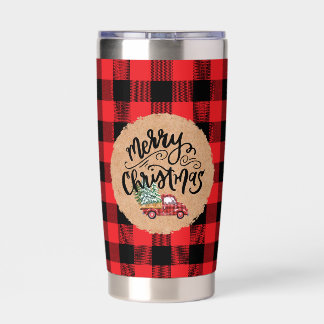Gourde Isotherme Christmas Plaid Vintage Truck Script Water Bottle