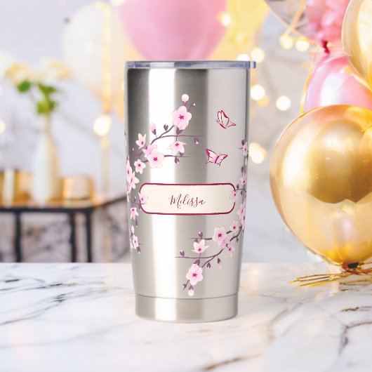 Gourde Isotherme Fleur de Cerisier | Monogramme Rose (Avant)