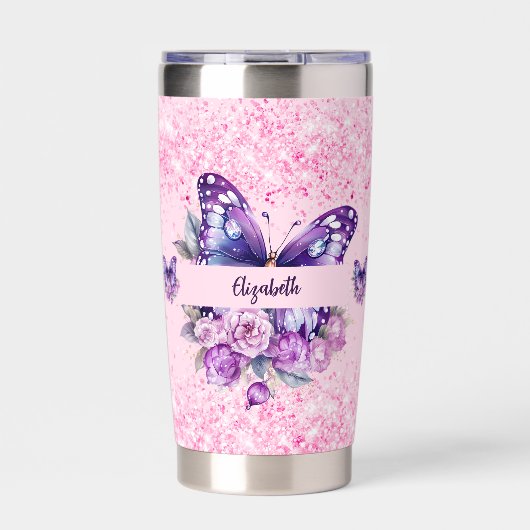 Gourde Isotherme Fleurs violettes roses papillon (Extérieur)