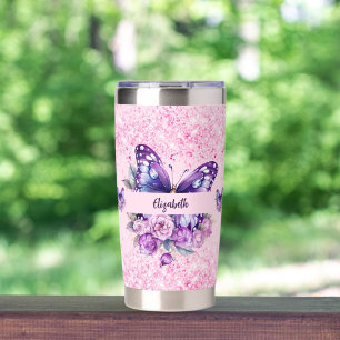 Gourde Isotherme Fleurs violettes roses papillon