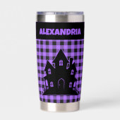 Gourde Isotherme Halloween Haunted House Purple & Black Plaid Name (Couvercle)