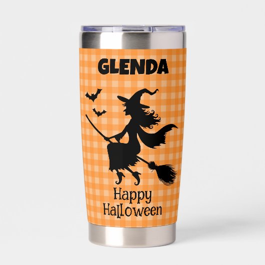 Gourde Isotherme Halloween Witch & Bats Orange Plaid Custom Name (Extérieur)