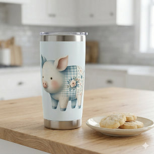Gourde Isotherme Illustration Cottagecore de Cochon en Patchwork Bl