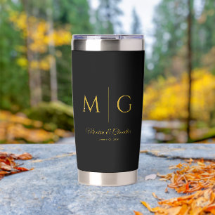 Gourde Isotherme Monogramme élégant avec nom de couple Noir