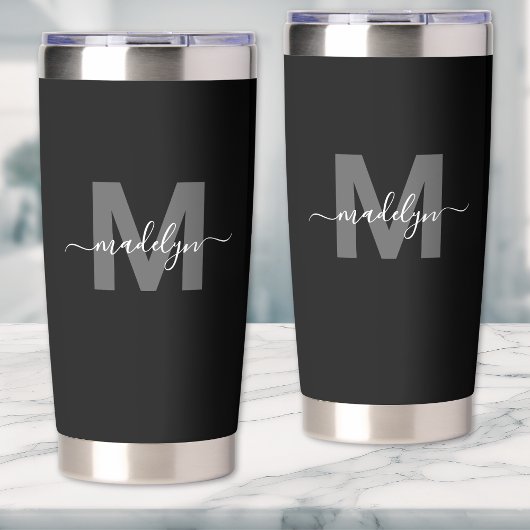 Gourde Isotherme Monogramme Moderne Noir Blanc Nom