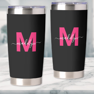 Gourde Isotherme Monogramme noir rose vif de nom
