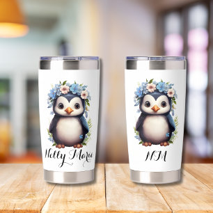 Gourde Isotherme Pingouins mignons blanc Nom et initiales personnal