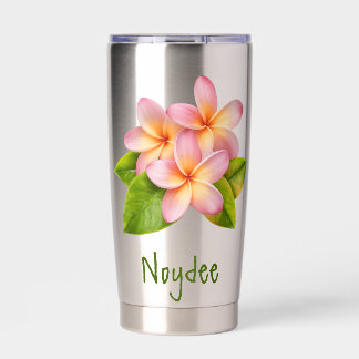 Gourde Isotherme Pink Plumeria Frangipani, your Name green, Floral