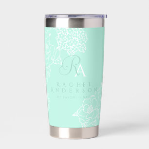 Gourde Isotherme Pivoines de jardin à monogramme romantique vert