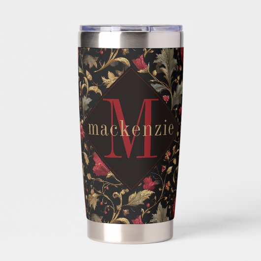 Gourde Isotherme Red Green Floral William Morris Elegant Monogram (Extérieur)