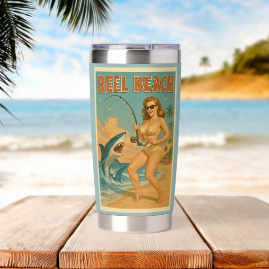 Gourde Isotherme Reel Beach Shark Fishing Pin-Up Retro Coastal Art (Plage (pivotée))