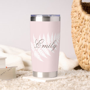 Gourde Isotherme Rose Pâle Blanc Fougère Nom Personnalisé Argent