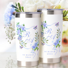 Gourde Isotherme Ruban de rose bleue monogramme
