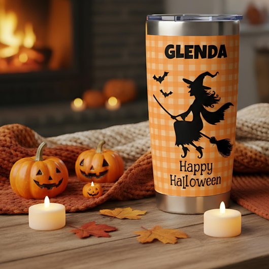 Gourde Isotherme Sorcière d'Halloween & Chauves-souris Orange Carre