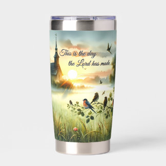 Gourde Isotherme Sunrise Church with Birds in Misty Meadow