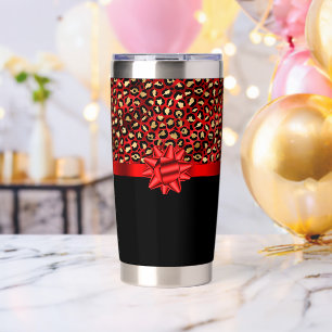 Gourde Isotherme Tasse à motif léopard rouge, or et noir avec nœud