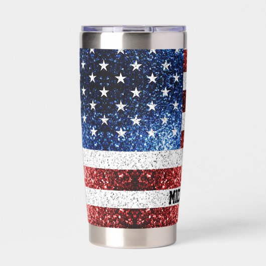 Gourde Isotherme USA flag rouge blanc bleu étincelles bling Nom per (Extérieur)
