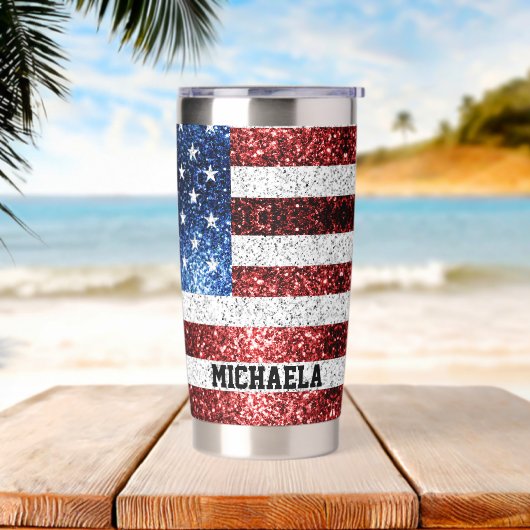 Gourde Isotherme USA flag rouge blanc bleu étincelles bling Nom per (Avant)
