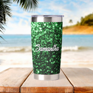 Gourde Isotherme Vert foncé faux paillettes scintillent Nom personn