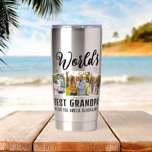 Gourde Isotherme World's Best Grandpa Custom 3 Photo Collage (Plage (pivotée))