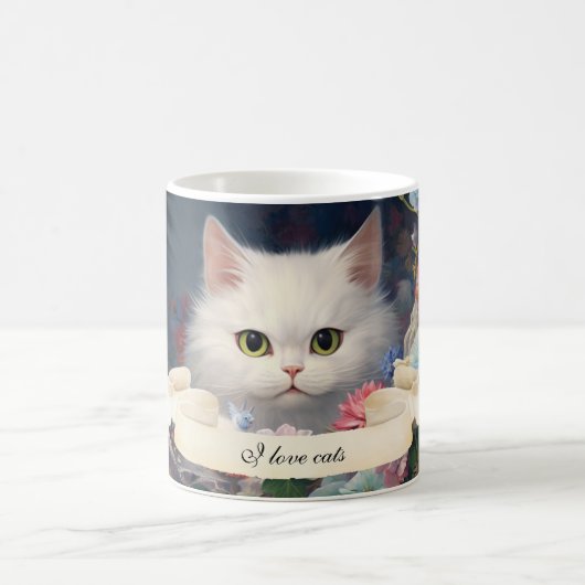 Gourgeous Chat Blanc Et Fleurs Fille Mug Personnal (Centre)