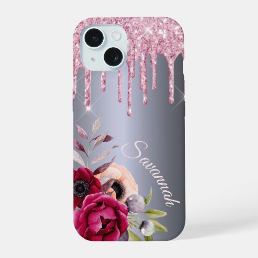 Gouttes rose argenté écriture nom floral (Verso)