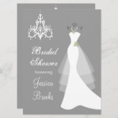 Gown, kroonluchter op grijze bridal Shower Invitat Kaart (Voorkant / Achterkant)