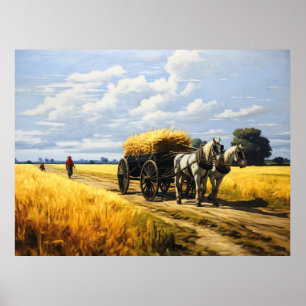 Graan oogsten met paard en wagen poster