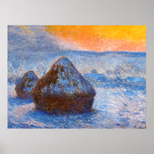 Graanschoven bij zonsondergang, Sneeuw Effect, Poster