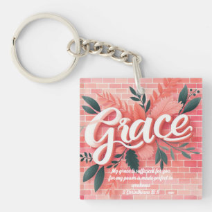 Grace Bijbelvers Pink Baksteen Bloem Sleutelhanger