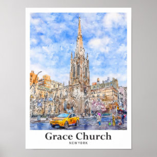 Grace Church New York Travel Waterverf met de hand Poster