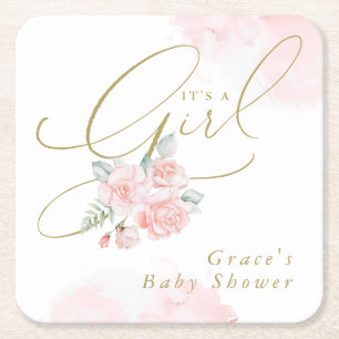 GRACE Elegant Blush Floral Het is een Meisje Baby Vierkante Kartonnen Onderzetter
