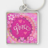 Grace Inspirerend Hart Bloem  Roze Sleutelhanger (Voorkant)