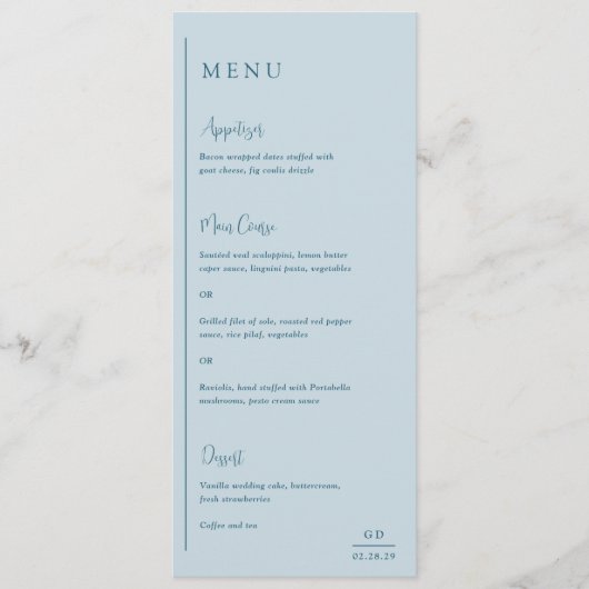 Grace Muted Blue Modern Wedding Menu (Voorkant)