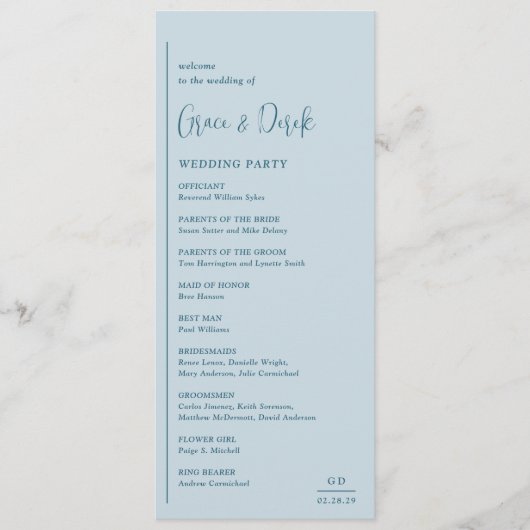 Grace Muted Blue Modern Wedding Programma (Voorkant)