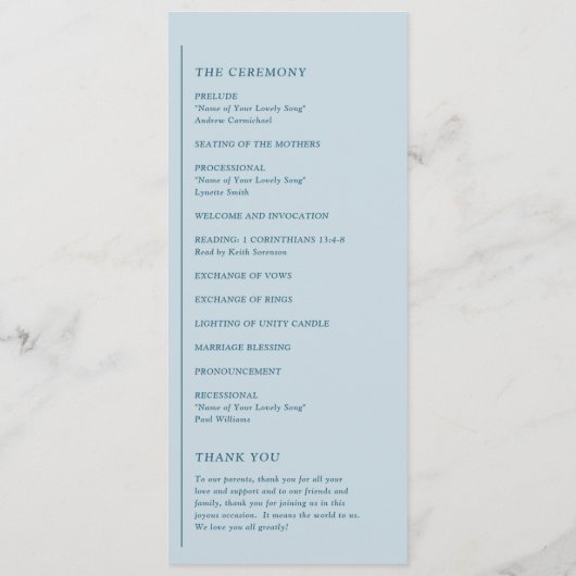 Grace Muted Blue Modern Wedding Programma (Achterkant)
