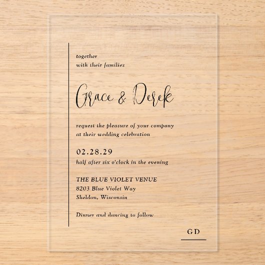 Grace Zwart-wit moderne bruiloft Acryl Uitnodigingen (Voorkant)