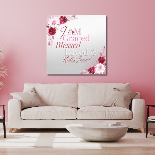 Graced Blessed Loved Favored Pink Floral Art Canvas Afdruk