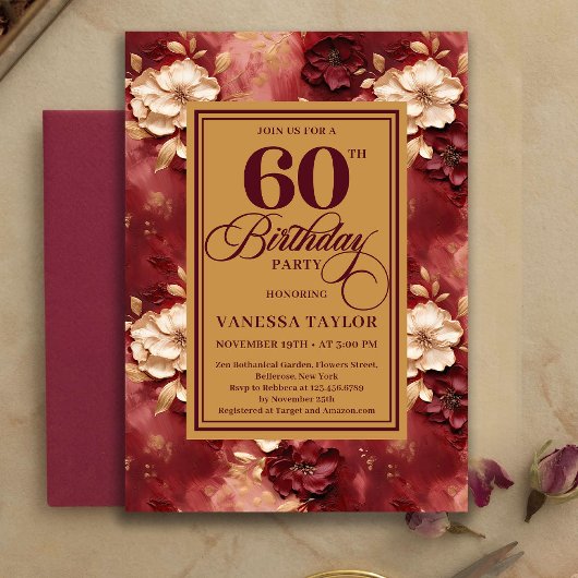 Graceful 60 Birthday Merlot Blush Gold Invitation