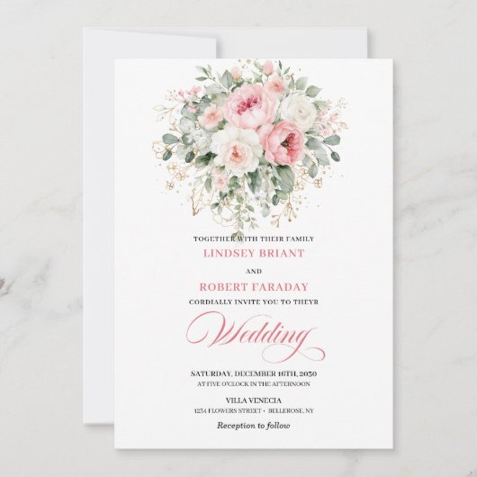 Graceful Blush Floral Greenery Wedding Invitation (Devant)