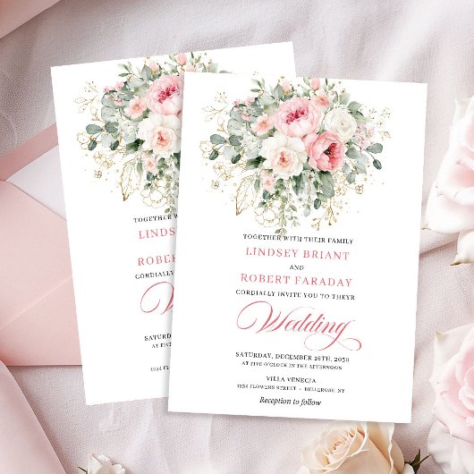 Graceful Blush Floral Greenery Wedding Invitation Kaart