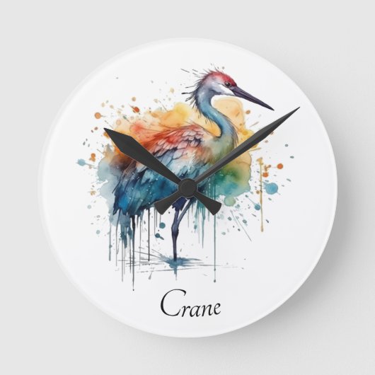 Graceful Crane: Waterverf Art, op maat Ronde Klok (Voorkant)