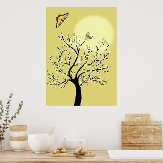 Graceful dreamy sunlit tree with butterflies poster